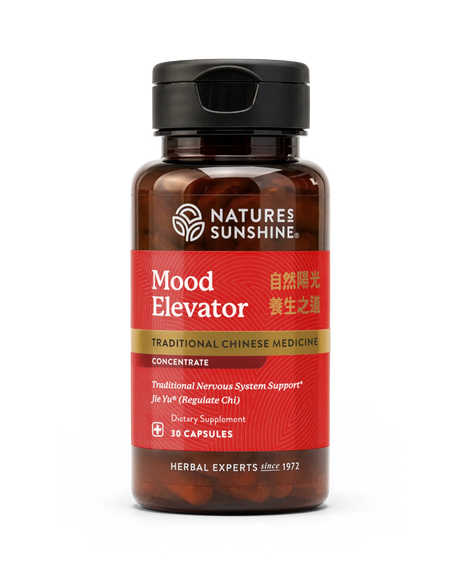 A bottle of Natures Sunshine Mood Elevator Traditional Chinese Medicine dietary supplement, featuring a dark amber bottle, black cap, and a red label with gold and white text.