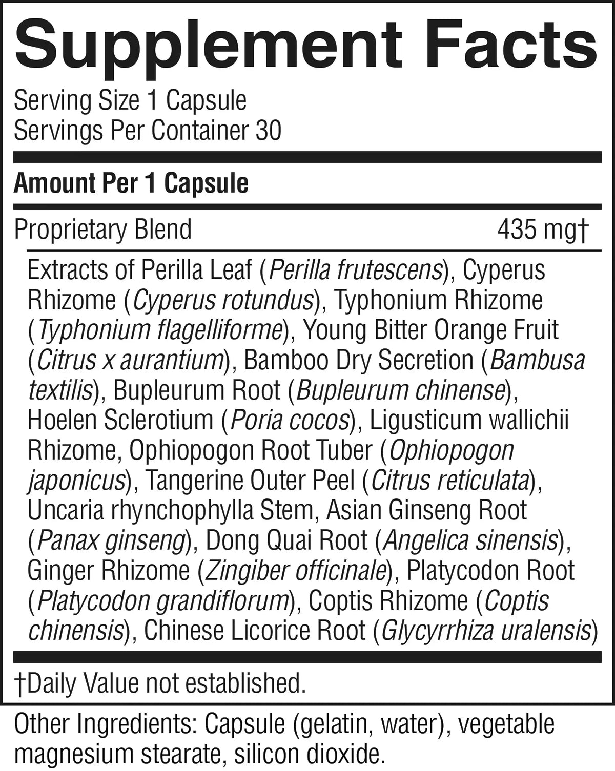 A close-up of a black-and-white Supplement Facts label showing serving size, servings per container, amount per capsule, listed ingredients, and a note that daily value is not established.