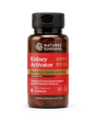 A bottle of Nature's Sunshine Kidney Activator dietary supplement, featuring a dark amber brown bottle, a black cap, and a red label with gold and white text, set against a plain white background.