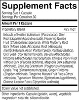 A close-up of a supplement facts label showing serving size 1 capsule, 30 servings per container, and a proprietary blend of 425 mg. The label lists extracts of Hoelen Sclerotium, Siler Root, Flowering Quince Fruit, White Mulberry Root Bark, Astragalus Root, Asian Plantain Seed, Coix Seed, Bai-Zhu Atractylodes Rhizome, Chinese Peony Root, Cassa Twig, Ginger Rhizome, Zhu Ling Sclerotium, Tangerine Mature Fruit Rind, Typhonium Rhizome, and Chinese Licorice Root.