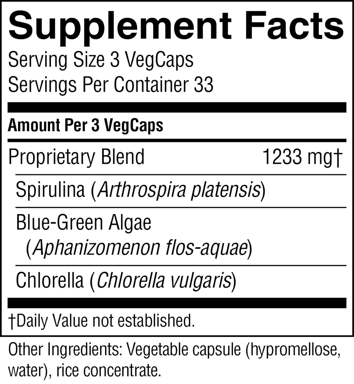 A close-up of a supplement facts label showing serving size 3 VegCaps, servings per container 33, and the amount per 3 VegCaps. The label lists a proprietary blend plus Spirulina, Blue-Green Algae, and Chlorella, with other ingredients noted at the bottom.