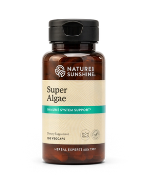 A bottle of Nature's Sunshine Super Algae dietary supplement, featuring an amber brown bottle, a black cap, and a beige label with a teal accent stripe.