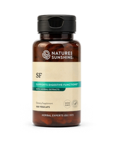 Nature's Sunshine SF dietary supplement bottle with amber glass, a black cap, and a beige label with green and teal accents, containing 100 vegcaps.