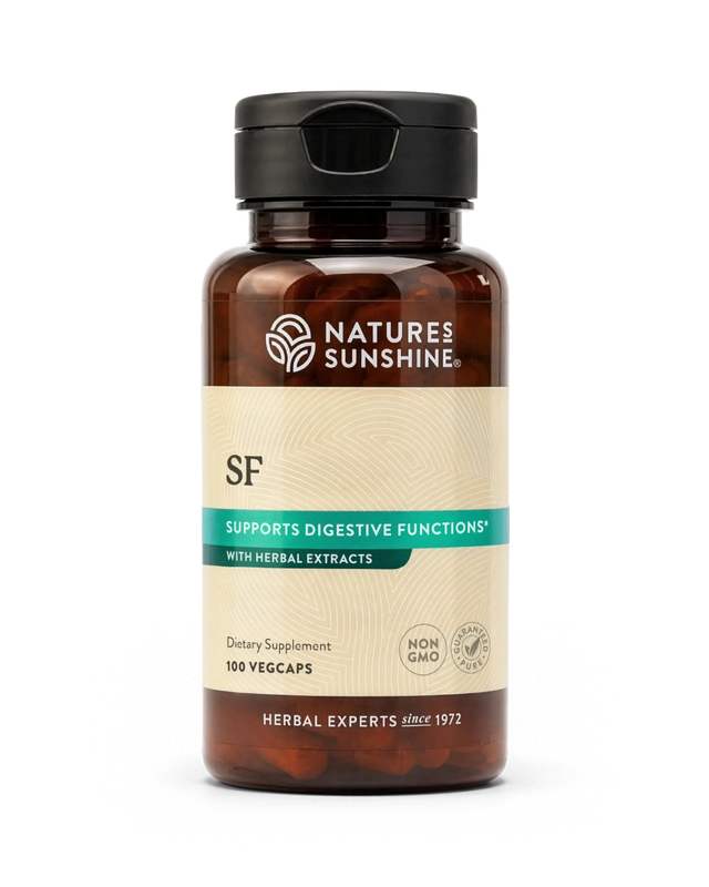 Nature's Sunshine SF dietary supplement bottle with amber glass, a black cap, and a beige label with green and teal accents, containing 100 vegcaps.