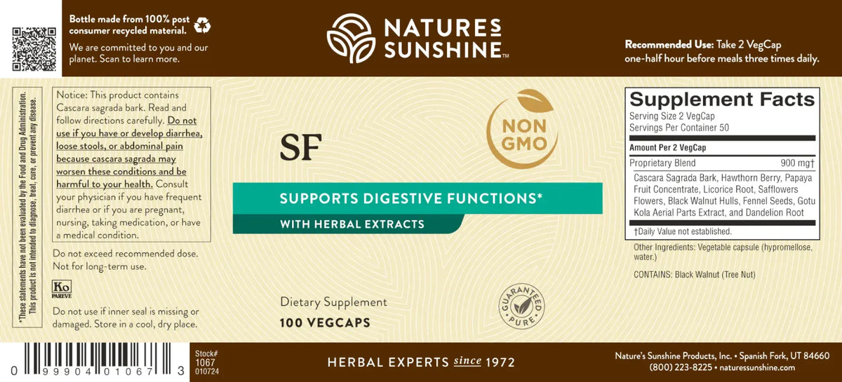 Natures Sunshine dietary supplement label for 100 vegcaps, featuring product details, supplement facts, and herbal extracts information on a beige background.