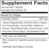 A close-up of a supplement facts label showing serving size 2 VegCap, servings per container 50, and the proprietary blend amount of 900 mg. The label lists ingredients including Cascara Sagrada Bark, Hawthorn Berry, Papaya Fruit Concentrate, Licorice Root, Safflower Flowers, Black Walnut Hulls, Fennel Seeds, Gotu Kola Aerial Parts Extract, and Dandelion Root.