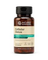 A bottle of Nature's Sunshine Cellular Detox dietary supplement with a black cap and amber-brown bottle, shown on a clean white background.
