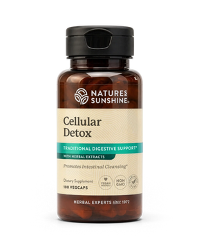 A bottle of Nature's Sunshine Cellular Detox dietary supplement with a black cap and amber-brown bottle, shown on a clean white background.