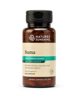 A bottle of Natures Sunshine Suma dietary supplement, featuring an amber glass bottle with a black cap and a beige label with teal accents.