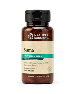 A bottle of Natures Sunshine Suma dietary supplement, featuring an amber glass bottle with a black cap and a beige label with teal accents.