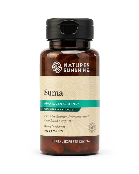 A bottle of Natures Sunshine Suma dietary supplement, featuring an amber glass bottle with a black cap and a beige label with teal accents.