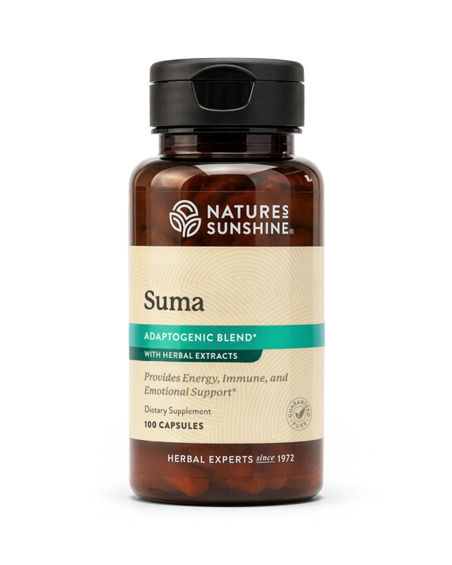 A bottle of Natures Sunshine Suma dietary supplement, featuring an amber glass bottle with a black cap and a beige label with teal accents.