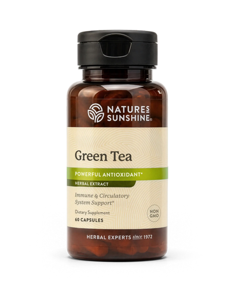 A bottle of Nature's Sunshine Green Tea dietary supplement with a black cap and a beige label, shown on a plain white background.