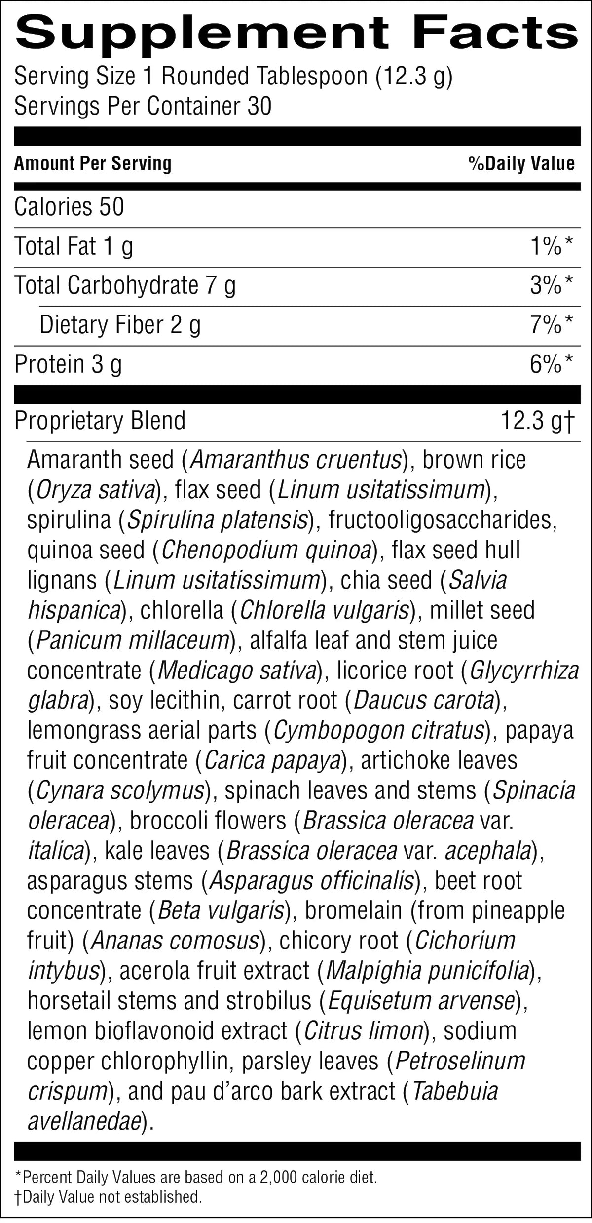 A close-up of a supplement facts label showing the 'Proprietary Blend' ingredients, including amaranth seed, brown rice, flaxseed, quinoa, and sorghum, with nutritional information and a list of other ingredients.