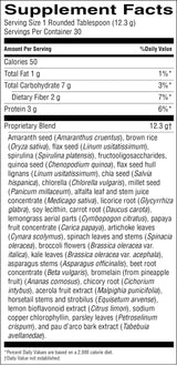 A close-up of a supplement facts label showing the 'Proprietary Blend' ingredients, including amaranth seed, brown rice, flaxseed, quinoa, and sorghum, with nutritional information and a list of other ingredients.