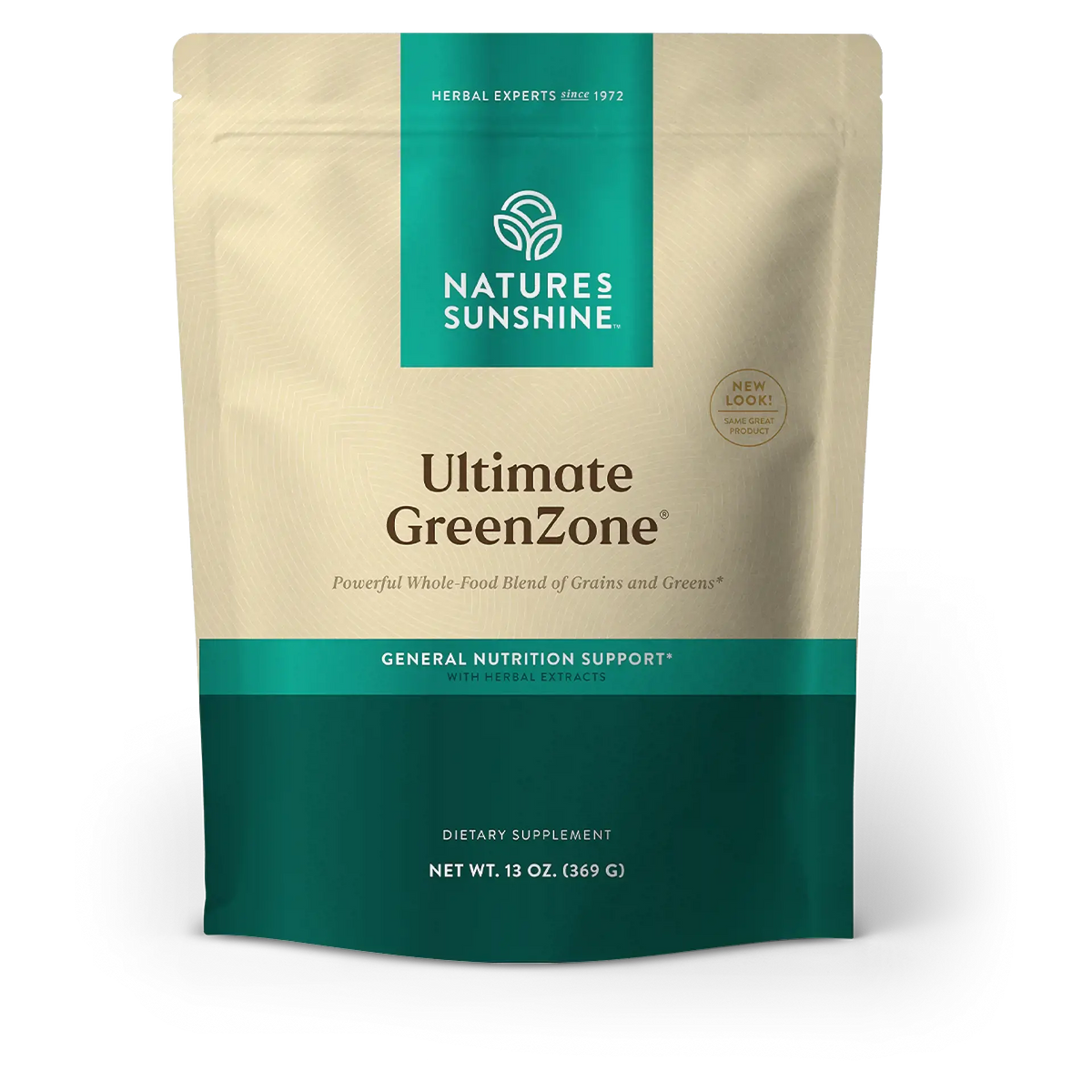Natures Sunshine Ultimate GreenZone dietary supplement pouch, 13 oz (369 g). The stand-up pouch is beige with a teal top panel and a dark teal bottom section, featuring the product name and brand logo.
