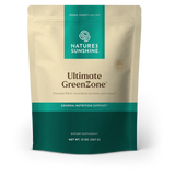 Natures Sunshine Ultimate GreenZone dietary supplement pouch, 13 oz (369 g). The stand-up pouch is beige with a teal top panel and a dark teal bottom section, featuring the product name and brand logo.