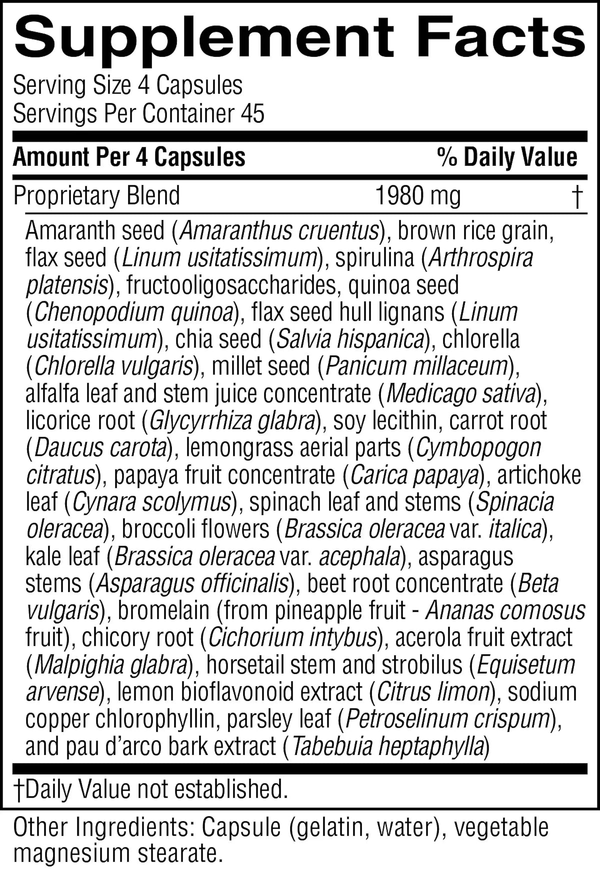 A close-up of a Supplement Facts label showing a list of ingredients by amount, including amaranth seed, brown rice, spirinla, quinoa seed, flax seed hulls, chia seed, soy lecithin, carrot root, millet seed, medicato sativa, linum usitatissimum, cholelaria vulgaris, Panicum millaceum, alfalfa leaf, rice bran, licorice root, soybean, lemongrass, broccoli, asparagus, beet, pineapple, coriander, aloe vera, parsley, and coumarin.