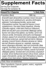A close-up of a Supplement Facts label showing a list of ingredients by amount, including amaranth seed, brown rice, spirinla, quinoa seed, flax seed hulls, chia seed, soy lecithin, carrot root, millet seed, medicato sativa, linum usitatissimum, cholelaria vulgaris, Panicum millaceum, alfalfa leaf, rice bran, licorice root, soybean, lemongrass, broccoli, asparagus, beet, pineapple, coriander, aloe vera, parsley, and coumarin.