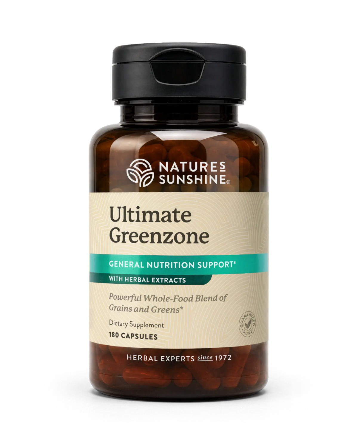 A bottle of Nature's Sunshine Ultimate Greenzone dietary supplement, containing 180 capsules, on a clean white background.