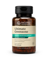 A bottle of Nature's Sunshine Ultimate Greenzone dietary supplement, containing 180 capsules, on a clean white background.