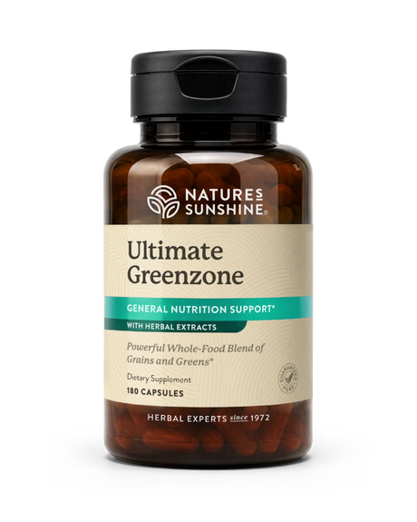 A bottle of Nature's Sunshine Ultimate Greenzone dietary supplement, containing 180 capsules, on a clean white background.