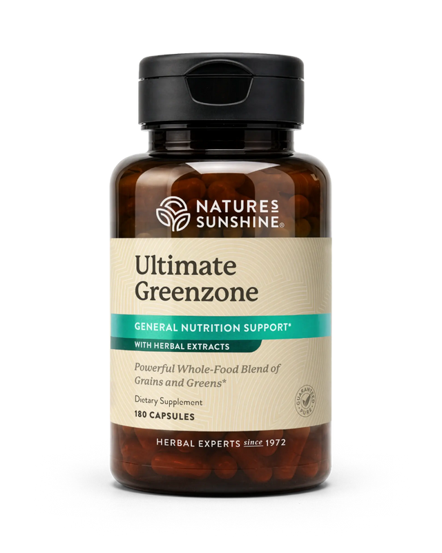 A bottle of Nature's Sunshine Ultimate Greenzone dietary supplement, containing 180 capsules, on a clean white background.