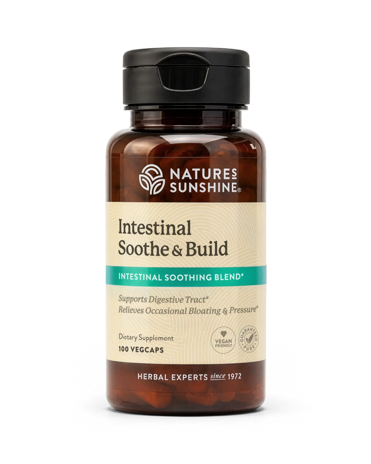 A bottle of Nature's Sunshine Intestinal Soothe & Build dietary supplement, containing 100 vegcaps, shown on a clean white background.