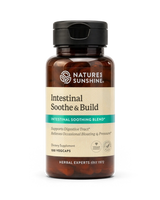 A bottle of Nature's Sunshine Intestinal Soothe & Build dietary supplement, containing 100 vegcaps, shown on a clean white background.