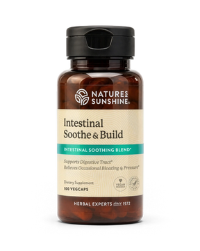 A bottle of Nature's Sunshine Intestinal Soothe & Build dietary supplement, containing 100 vegcaps, shown on a clean white background.