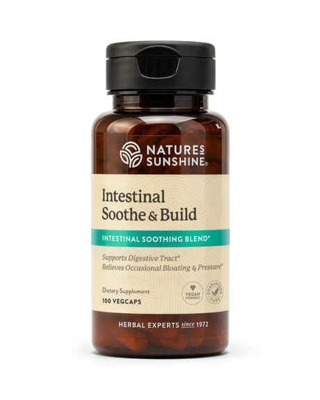 A bottle of Nature's Sunshine Intestinal Soothe & Build dietary supplement, containing 100 vegcaps, shown on a clean white background.