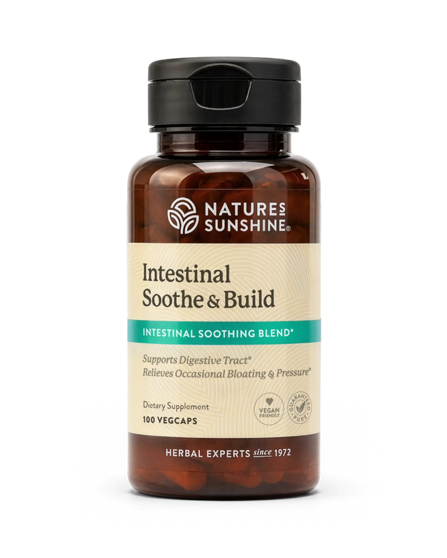 A bottle of Nature's Sunshine Intestinal Soothe & Build dietary supplement, containing 100 vegcaps, shown on a clean white background.