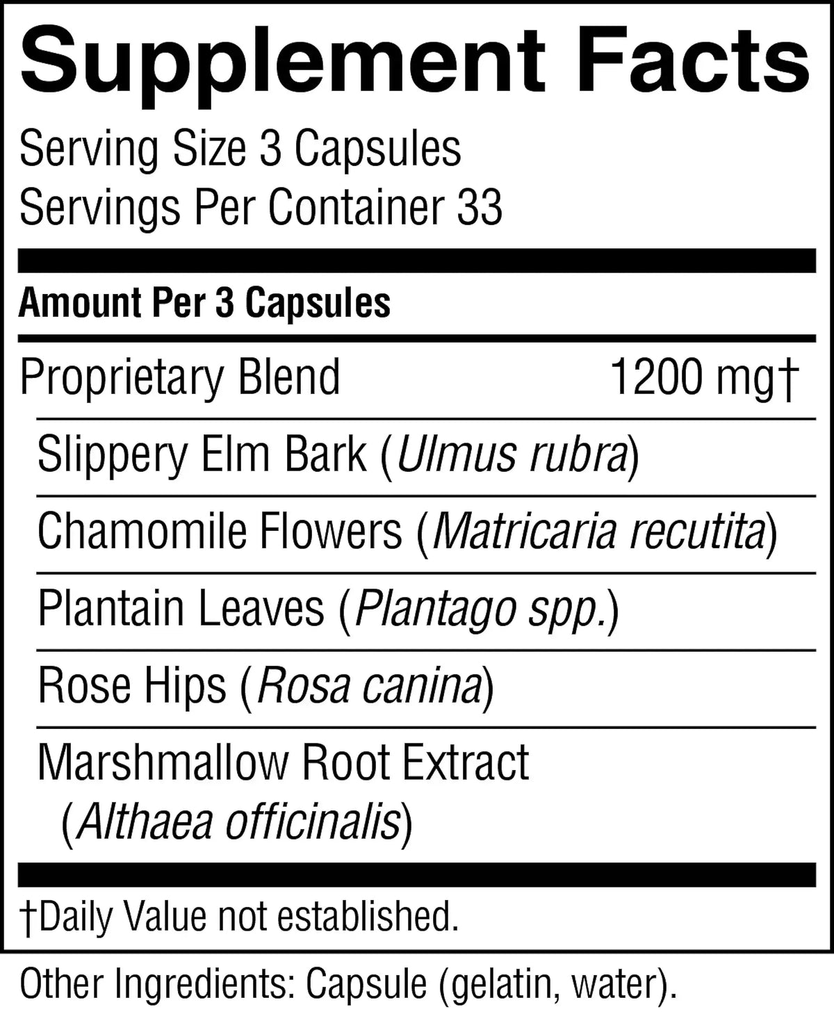 A close-up of a supplement facts label showing serving size 3 capsules, servings per container 33, and a proprietary blend of 1200 mg with listed ingredients including slippery elm bark, chamomile flowers, plantain leaves, rose hips, and marshmallow root extract.