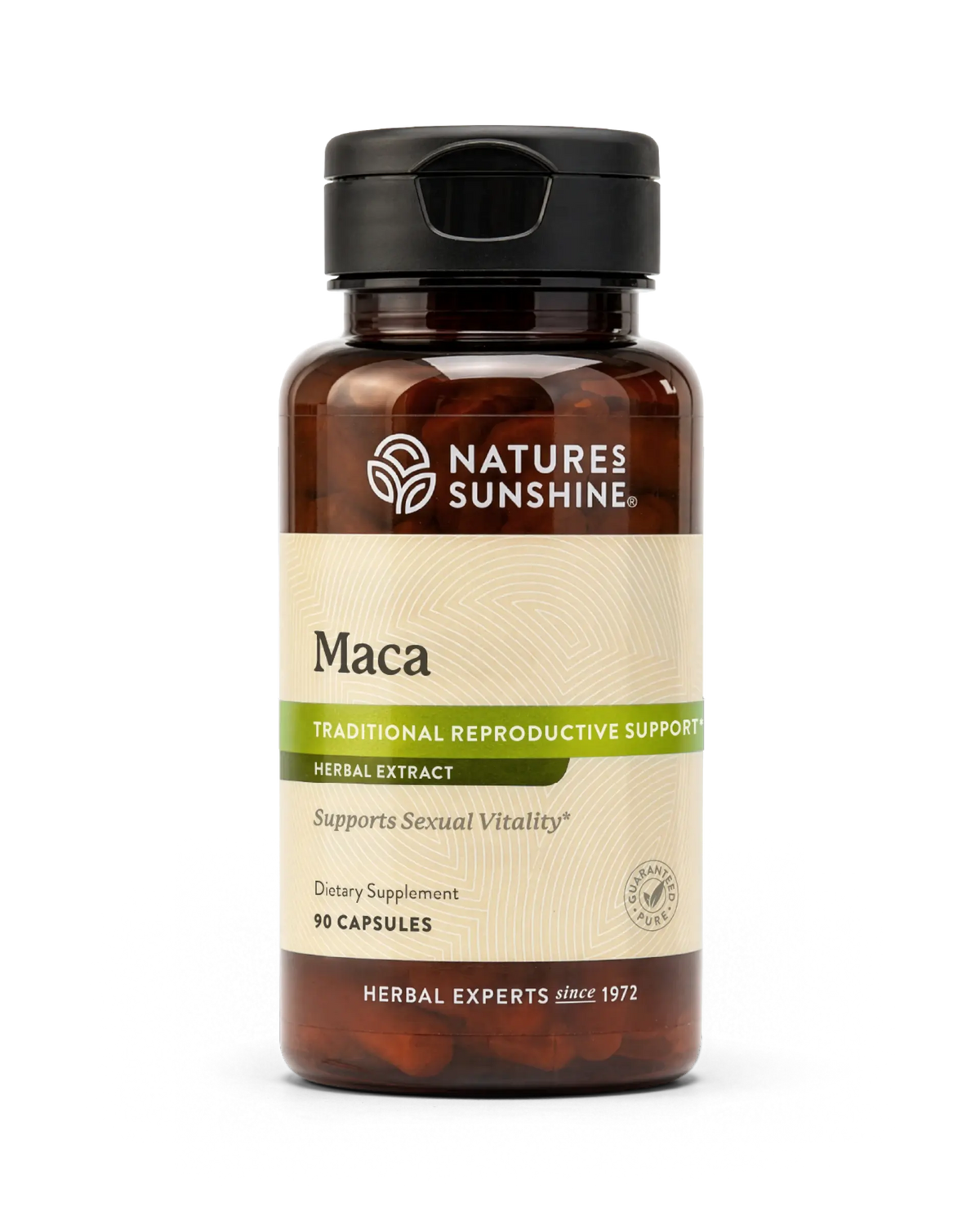 A bottle of Nature's Sunshine Maca herbal extract dietary supplement, featuring an amber brown bottle, black cap, and a beige label with green accents.