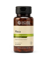 A bottle of Nature's Sunshine Maca herbal extract dietary supplement, featuring an amber brown bottle, black cap, and a beige label with green accents.