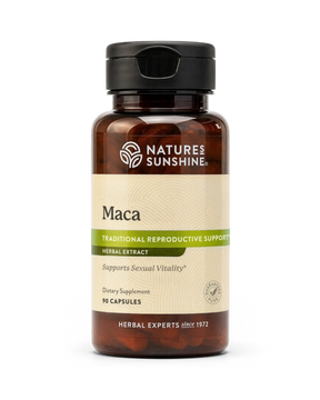 A bottle of Nature's Sunshine Maca herbal extract dietary supplement, featuring an amber brown bottle, black cap, and a beige label with green accents.