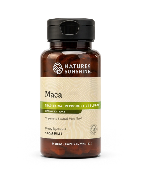 A bottle of Nature's Sunshine Maca herbal extract dietary supplement, featuring an amber brown bottle, black cap, and a beige label with green accents.