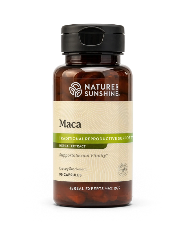 A bottle of Nature's Sunshine Maca herbal extract dietary supplement, featuring an amber brown bottle, black cap, and a beige label with green accents.