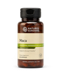 A bottle of Nature's Sunshine Maca herbal extract dietary supplement, featuring an amber brown bottle, black cap, and a beige label with green accents.