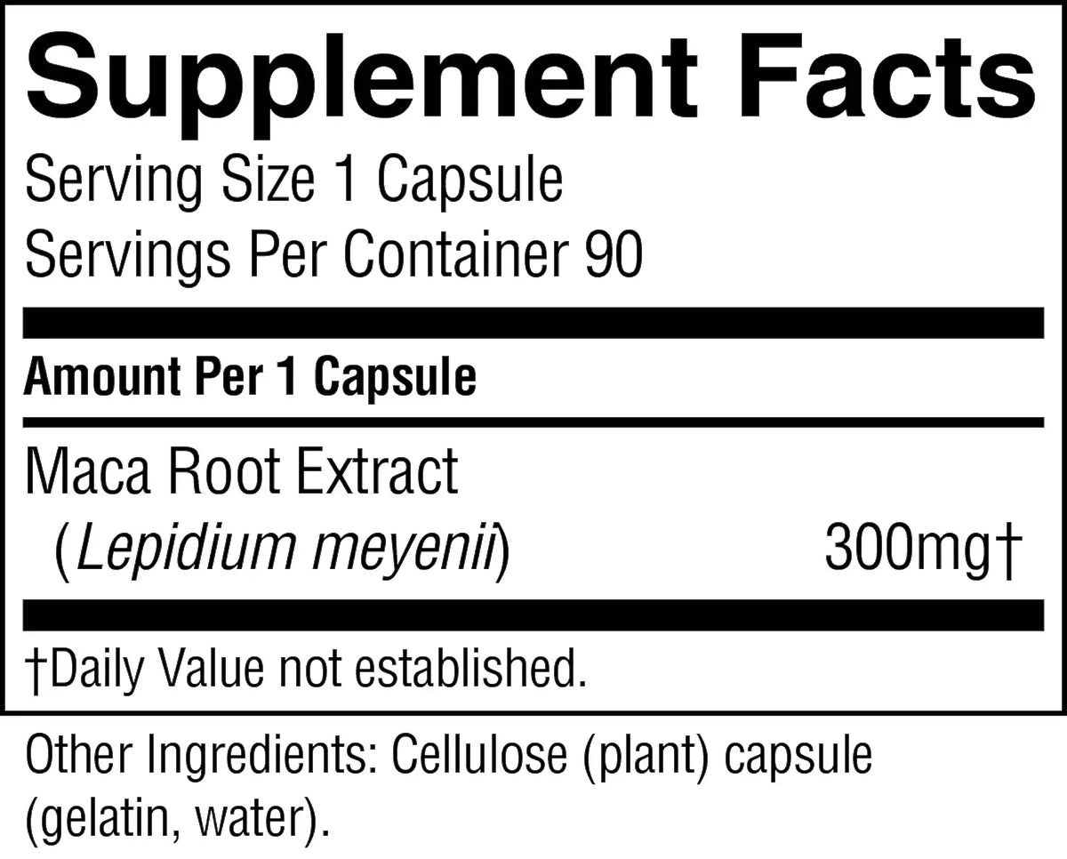 A close-up of a supplement facts label showing 'Supplement Facts' for a capsule product. The label states 'Serving Size 1 Capsule', 'Servings Per Container 90', 'Amount Per 1 Capsule', and 'Maca Root Extract (Lepidium meyenii) 300mg'.