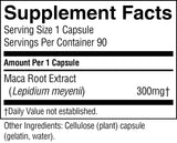 A close-up of a supplement facts label showing 'Supplement Facts' for a capsule product. The label states 'Serving Size 1 Capsule', 'Servings Per Container 90', 'Amount Per 1 Capsule', and 'Maca Root Extract (Lepidium meyenii) 300mg'.