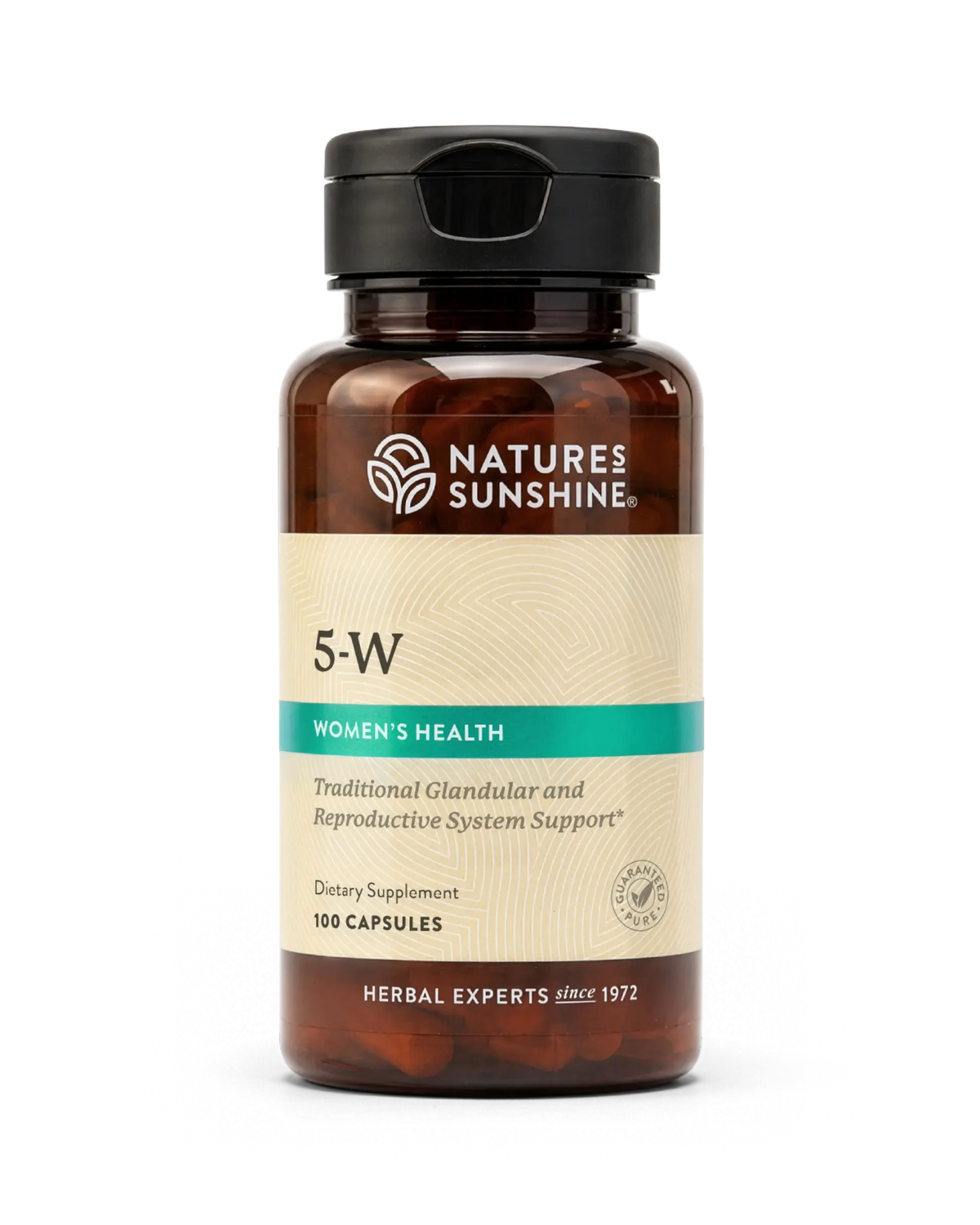 A bottle of Natures Sunshine 5-W Women's Health dietary supplement, containing 100 capsules, shown on a clean white background.