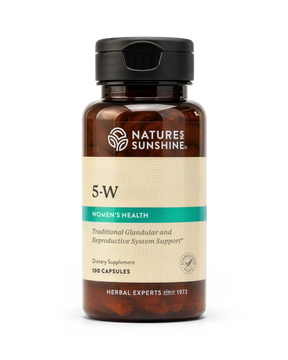 A bottle of Natures Sunshine 5-W Women's Health dietary supplement, containing 100 capsules, shown on a clean white background.