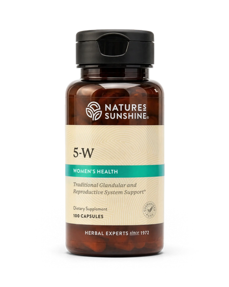 A bottle of Natures Sunshine 5-W Women's Health dietary supplement, containing 100 capsules, shown on a clean white background.