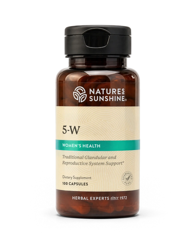 A bottle of Natures Sunshine 5-W Women's Health dietary supplement, containing 100 capsules, shown on a clean white background.