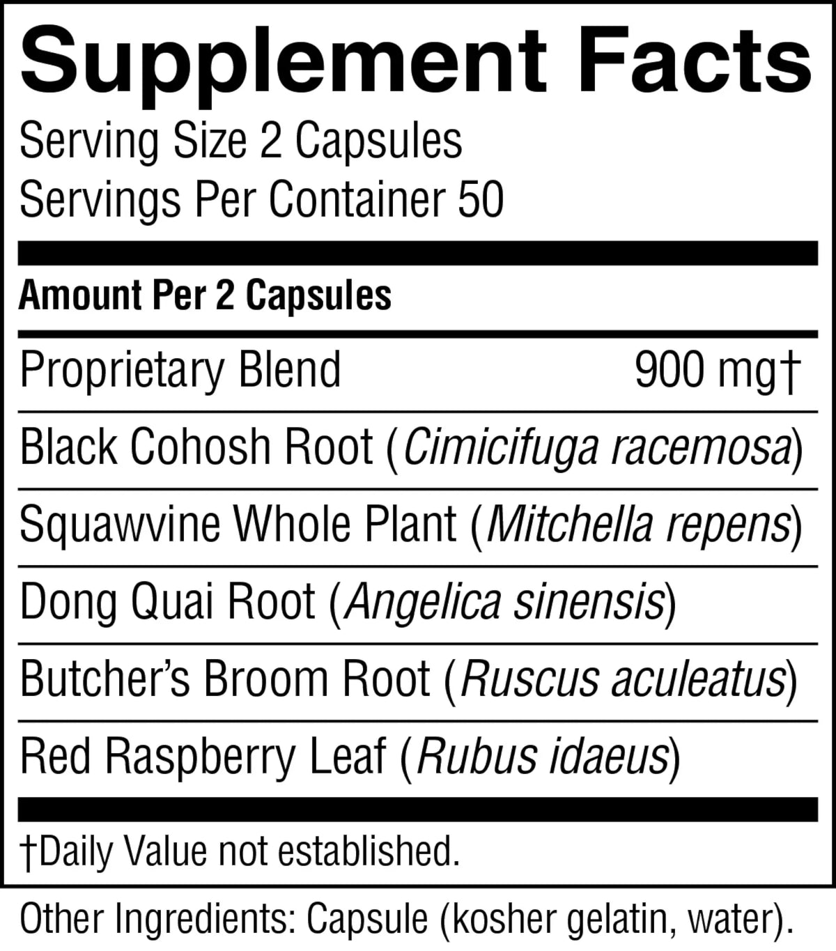 A black and white Supplement Facts label showing the ingredients of a dietary supplement, including Proprietary Blend, Black Cohosh Root, Squawvine Whole Plant, Dong Quai Root, and Butcher's Broom Root.