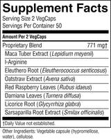 A black-and-white Supplement Facts label showing a proprietary blend with listed ingredients including maca tuber extract, I-Arginine, Eleuthero Root, oatstraw extract, red raspberry leaves, damiana leaves, licorice root, and sarsaparilla root extract.