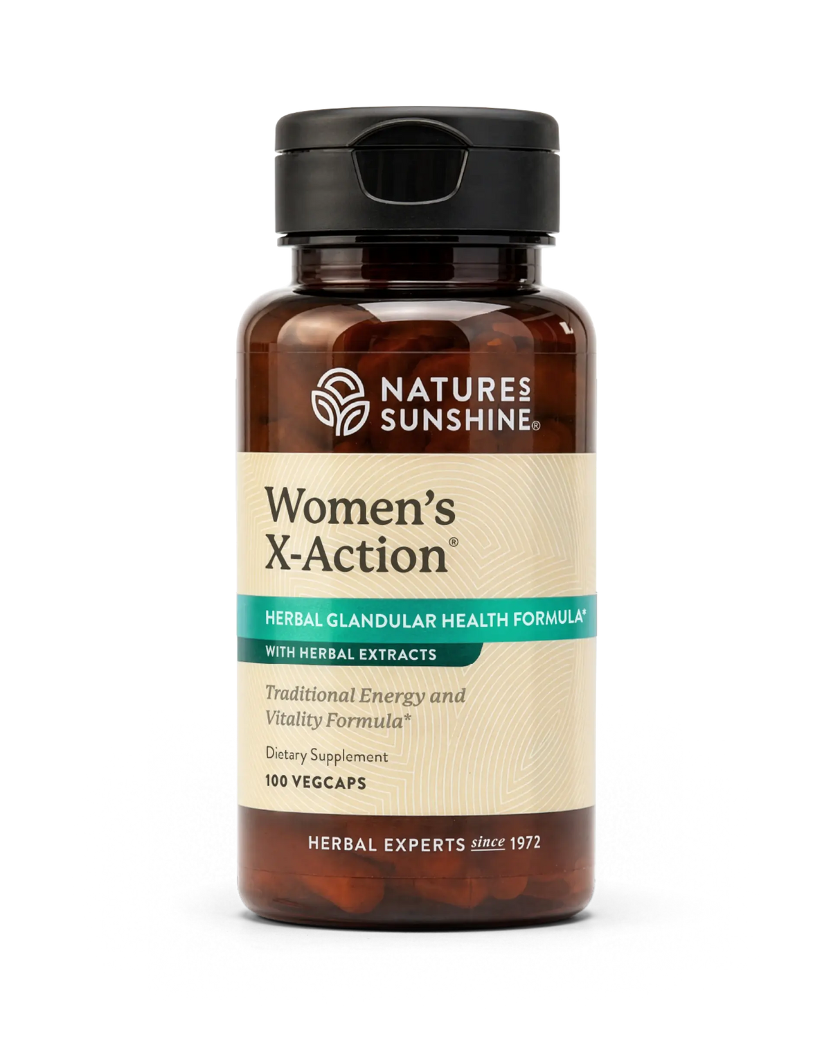 A bottle of Nature's Sunshine Women's X-Action herbal dietary supplement, featuring an amber glass bottle with a black cap and a beige label with green and white text.