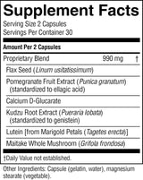 A black-and-white Supplement Facts label showing serving size 2 capsules, servings per container 30, and a list of ingredients including Proprietary Blend, Flax Seed, Pomegranate Fruit Extract, Calcium D-Glucarate, Kudzu Root Extract, Lutein, and Maitake Whole Mushroom.