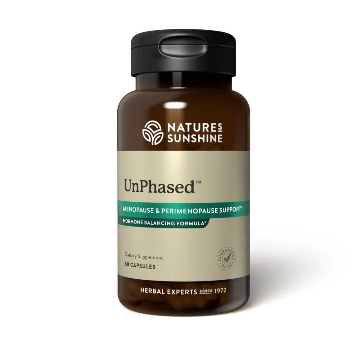 A bottle of Natures Sunshine UnPhased dietary supplement, featuring a dark amber brown bottle, a black cap, and a beige label with green accents, set against a plain white background.